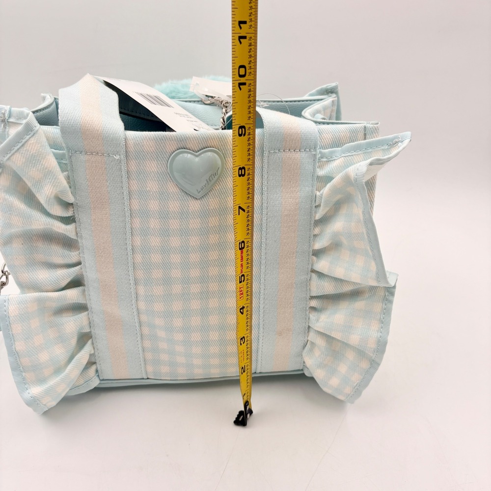 Luv Betsey Johnson Gingham LBRUFFLE Crossbody Tote Bag Blue White Heart Charm - Picture 10 of 12